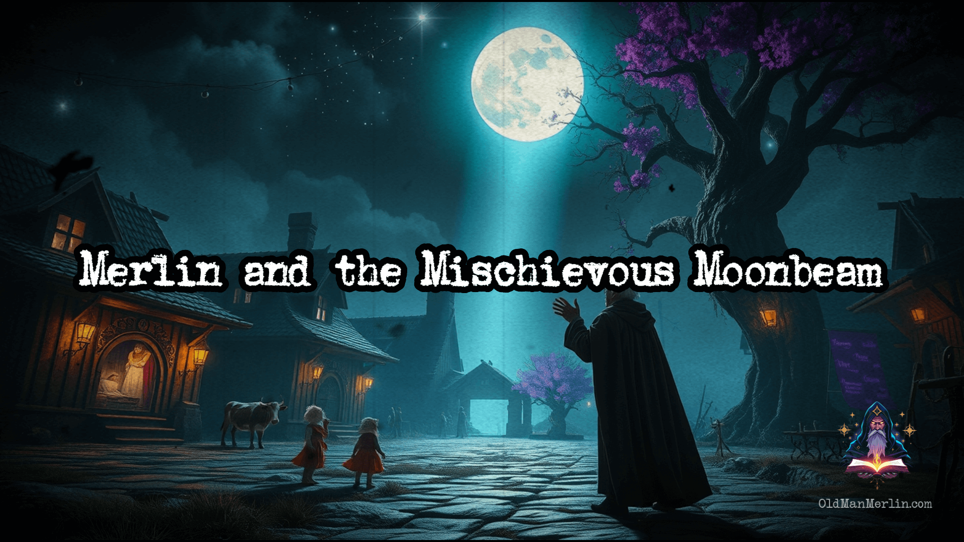 A glowing Moonbeam bounces through a village, causing magical mischief, as Merlin tries to catch it under a smiling moon.