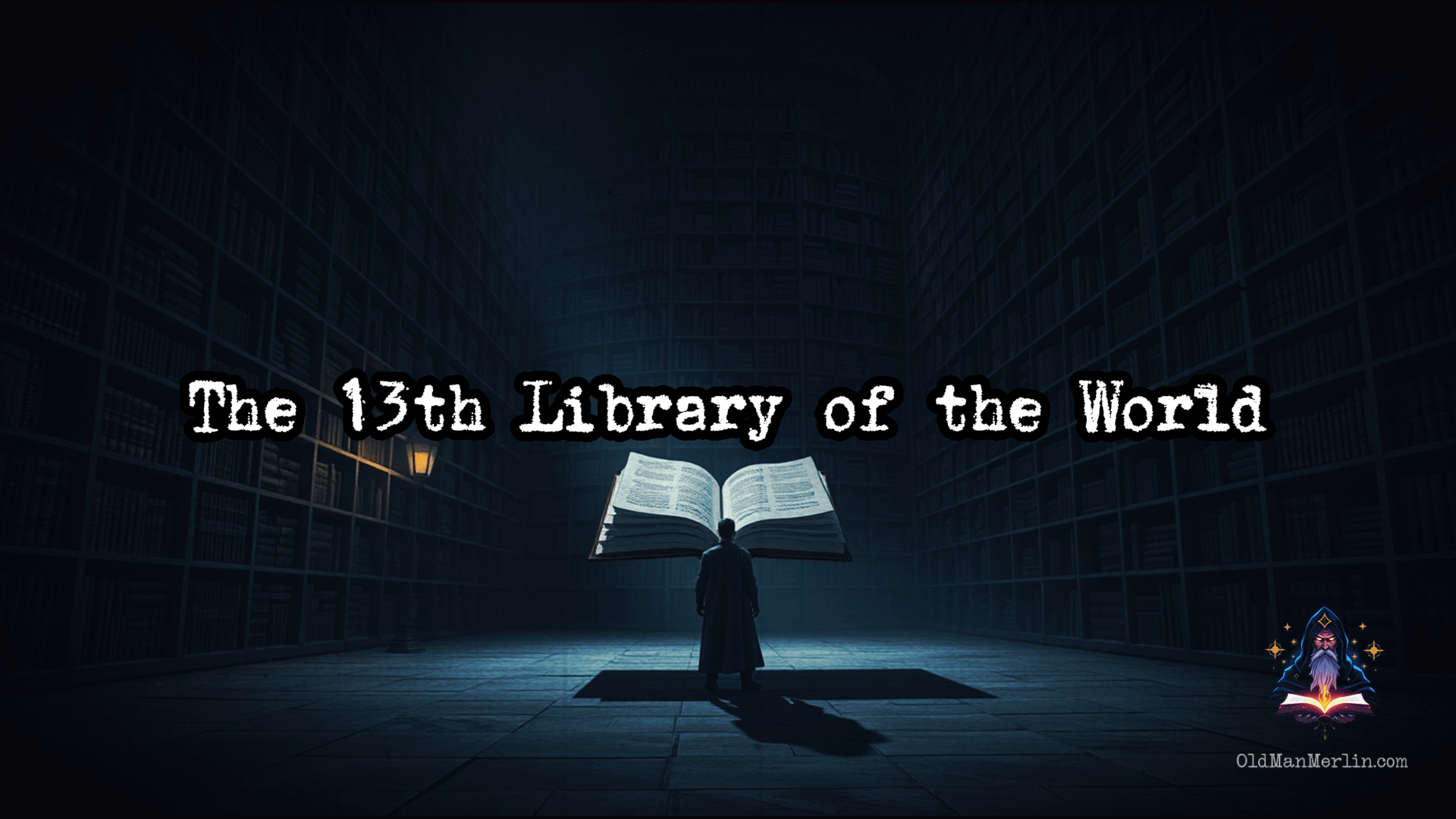 An endless, ancient library filled with lost books. Merlin stands before a floating tome, its pages turning on their own as ghostly whispers fill the air.