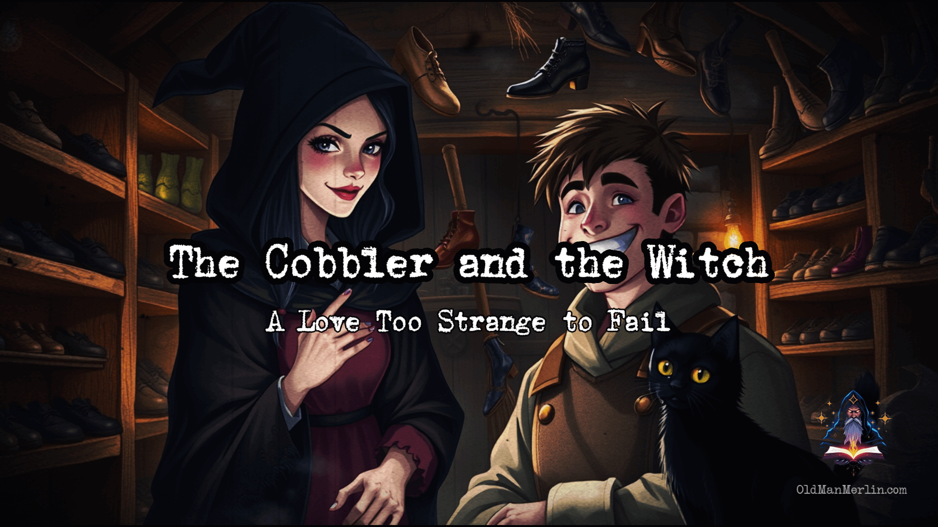 A beautiful grumpy witch and her cheerful cobbler husband stand in a tiny medieval shop, surrounded by floating enchanted shoes and minor magical chaos.