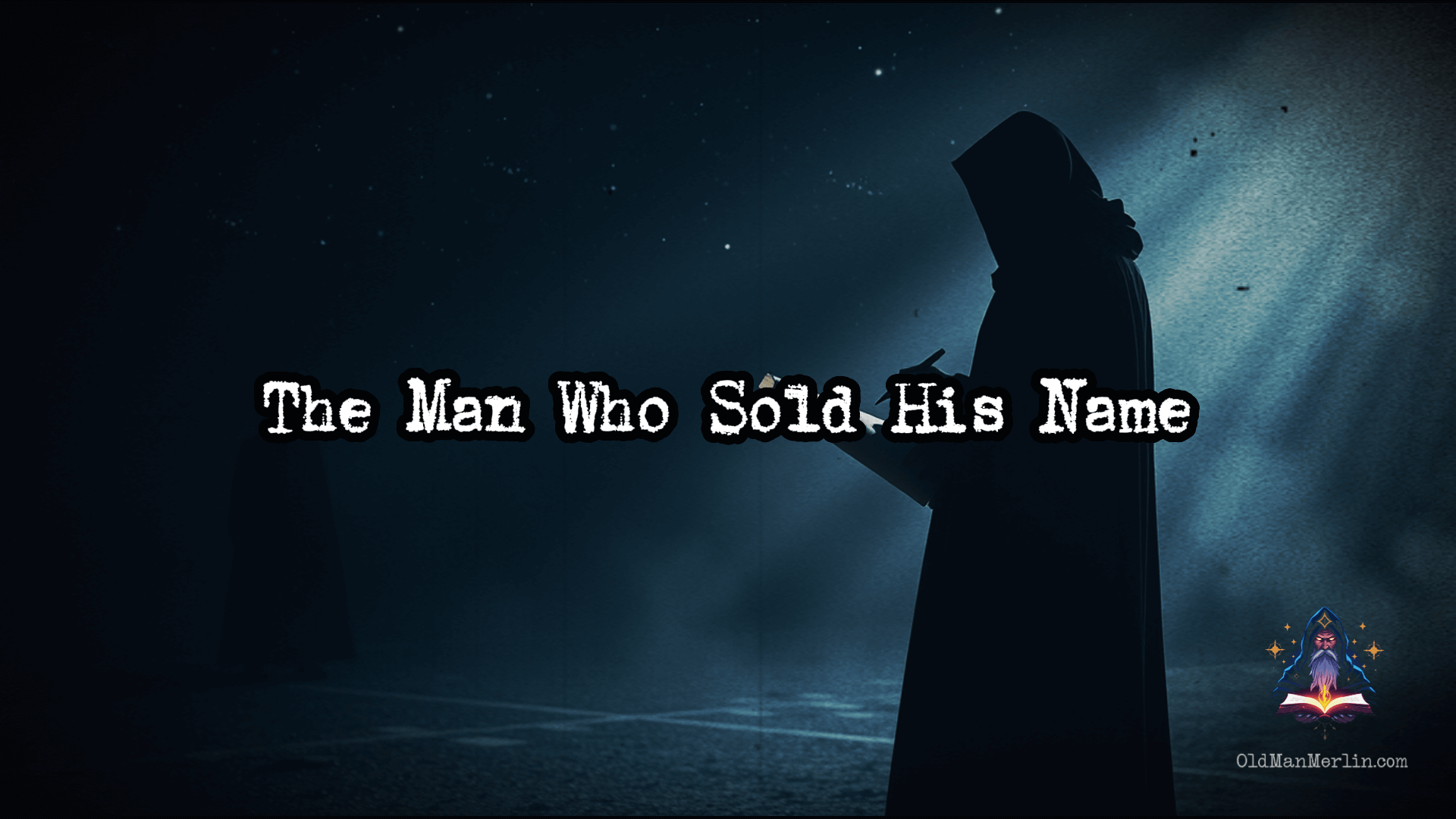 A mysterious figure signs away his name at a crossroads under shifting stars, his identity fading as Merlin watches from the shadows.