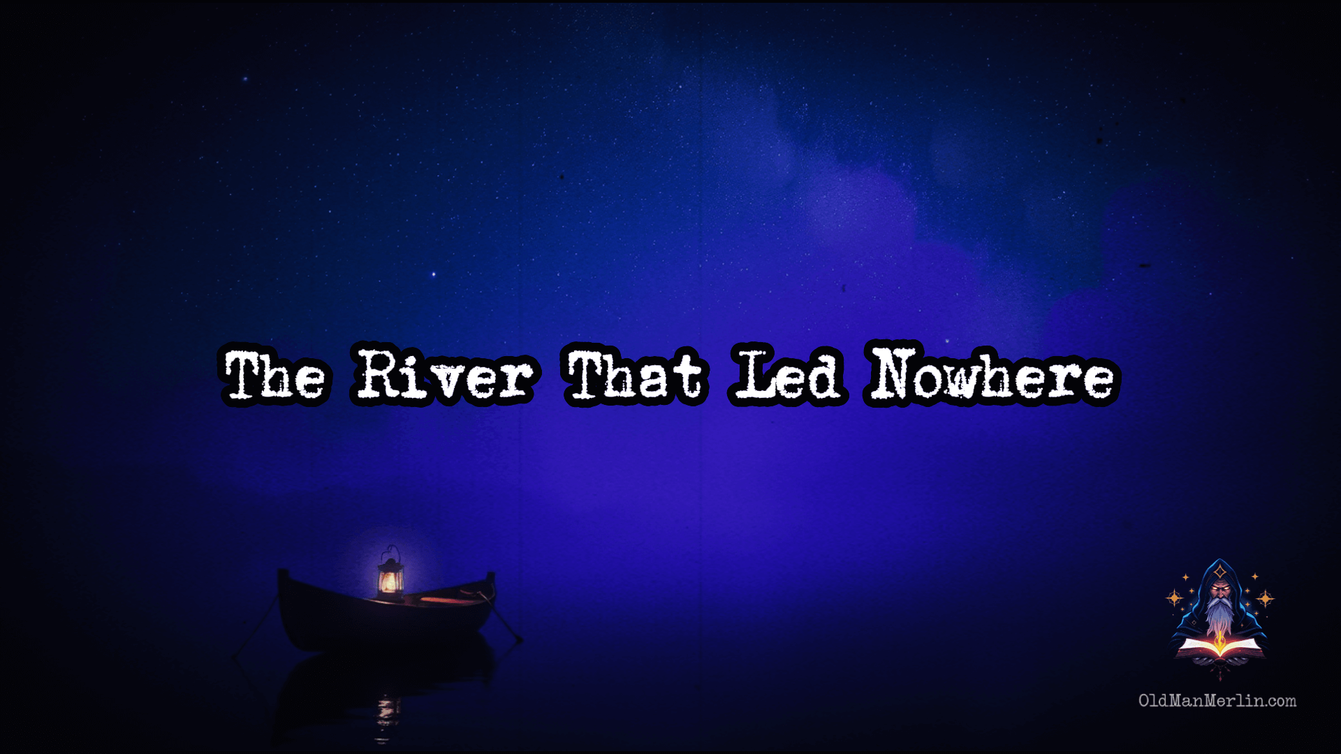 A mysterious river flowing through time, with Merlin sailing upon it, visions of the past and future reflecting in the dark waters.