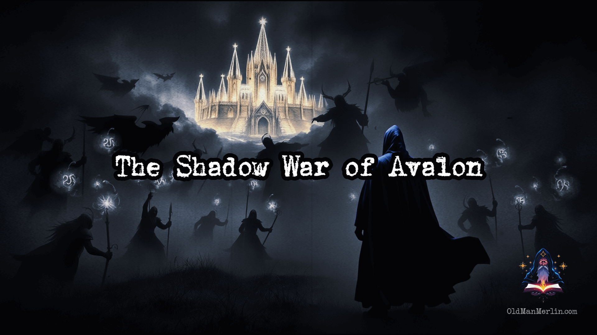 A shadowy battlefield where spectral warriors fight in mist and magic. Merlin stands at the edge, watching as Avalon’s fate is decided.