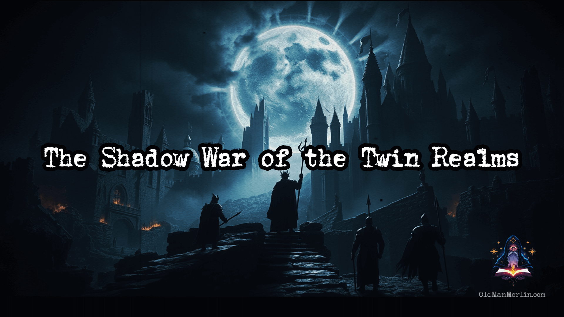 A battlefield split between two realms, with Merlin standing against shadowy warriors as Velmora crumbles into the Rift. A powerful figure of fire watches from beyond.