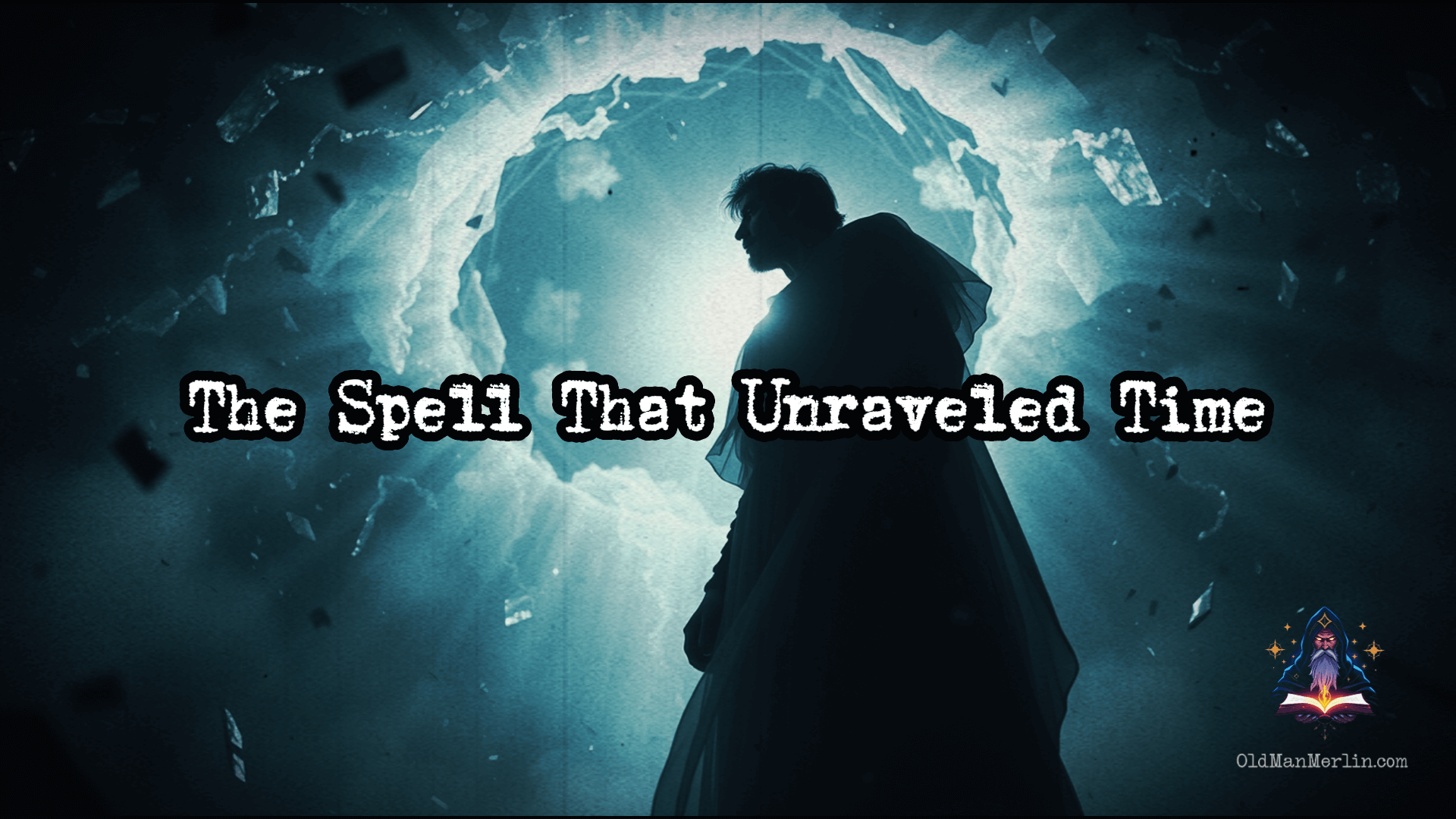 Merlin stands at the center of a collapsing timeline, his form flickering as multiple versions of himself appear, reality breaking apart around him.